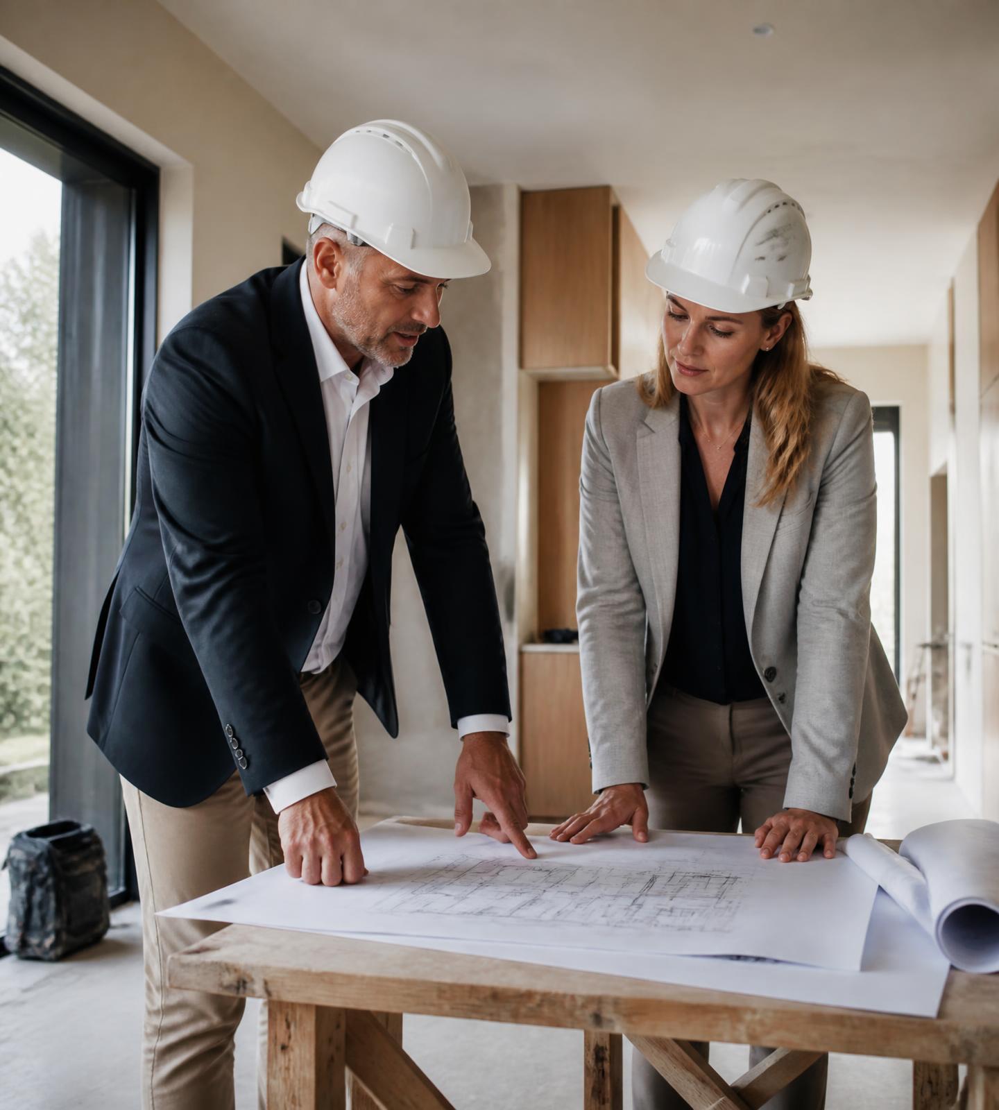 Project manager and architect reviewing drawings inside a nearly finished home