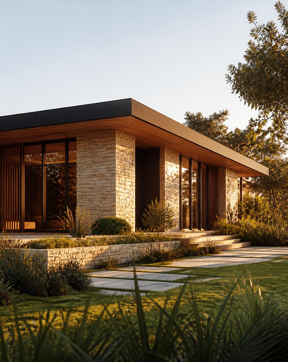 Modern private residence with stone and timber facade at golden hour